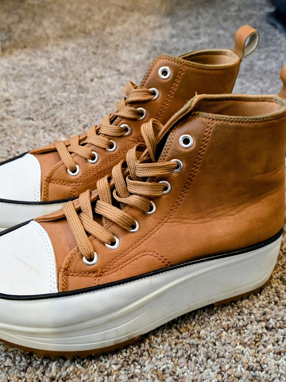 Source Unknown Tan Leather High-Top Platform Sneakers with White Toe